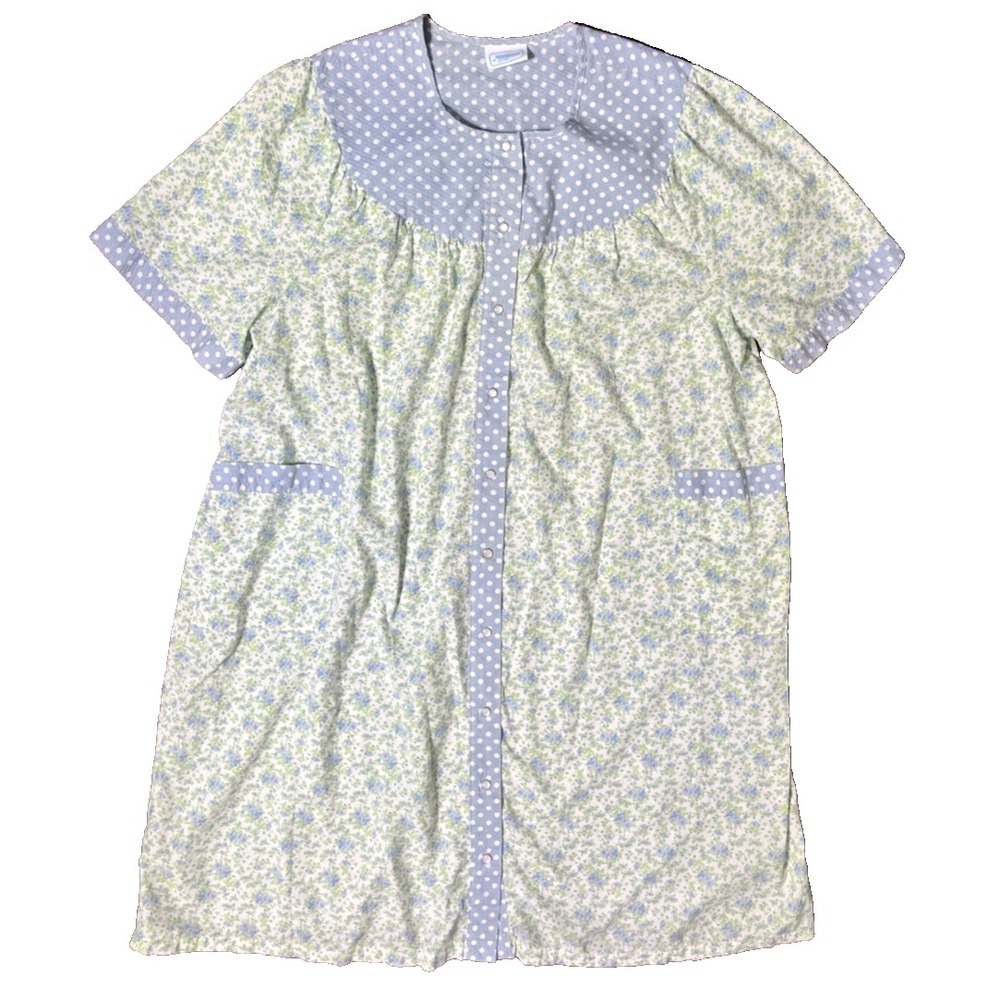 NEW National Mumu Housedress Size M Pearl Snap Floral Roomy Blue Green Pockets